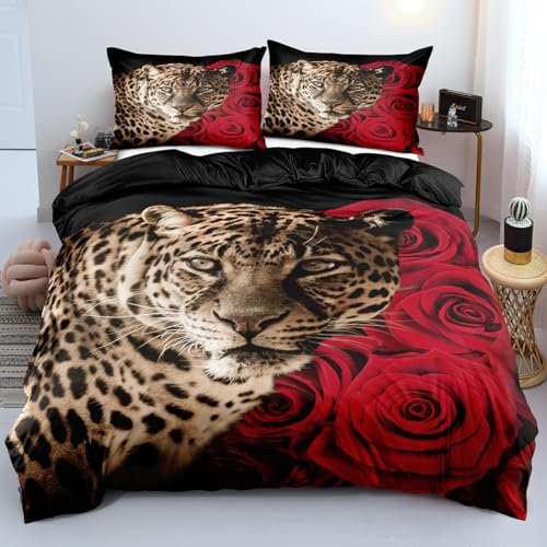 Luowei Leoparden Bettwäsche 155x220cm Kinder Jungen Schwarz Rot Gold Leopard Bettbezug Set Weich 3D Mikrofaser Tieremotiv Bettwäsche 3teilig mit Reißverschluss und 80x80 cm Kissenbezug