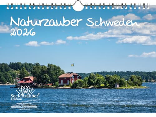 Naturzauber Schweden DIN A4 Kalender für 2026 Natur Reise - Set-Inhalt: 1x Kalender 1x Weihnachtsanhänger 1x Grußanhänger (gesamt 3 Teile)