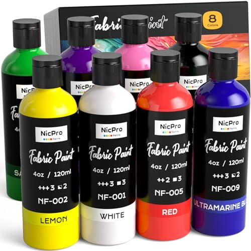 Nicpro 8 Colors Permanent Fabric Paint (4 oz, 120 ml) Soft Fabric Paint for Clothes, Non-Toxic Textile Paint for Fabric DIY Crafts, T-shirts, Shoes Jeans Bags Canvas for Kid Adult with Color Wheel