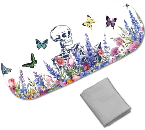 CREATCABIN Brillenetui Totenkopf Blumenmotiv Hartschale Leder Sonnenbrillenetui Brillenetui Halter Tragbares Brillenetui Clamshell Schutzhülle Mit Reinigungstuch Für Damen Herren Reisen 16.2x6.4x3.9cm