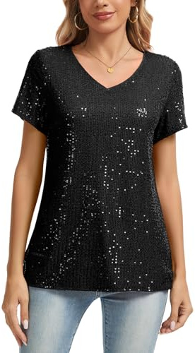 MINTLIMIT Glitter T Shirt Sequined Top Women V Neck Short Sleeve Fully Lined Sparkling Blouse (Black M)