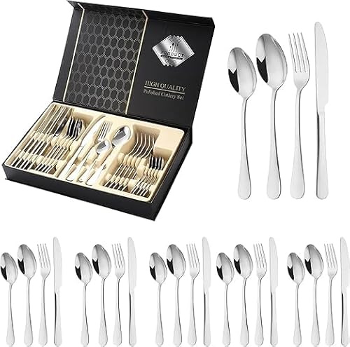 Urban London 24-Piece Stainless Steel Flatware Set for 6 with Gift Box Mirror Polished Dishwasher Safe Elegant Cutlery for Dining and Special Occasions