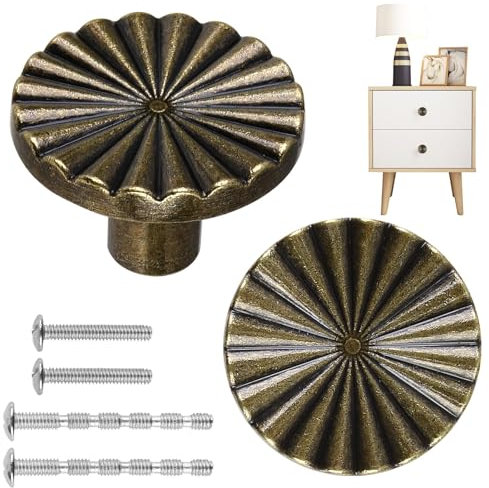 KeyQueen 2 Pack Antique Brass Brushed Vintage Cabinet Knobs Flat Drawer Pulls Doors Hardware Handles with Screws Set for Cupboard Dresser Wardrobe Drawers Jewelry Boxes