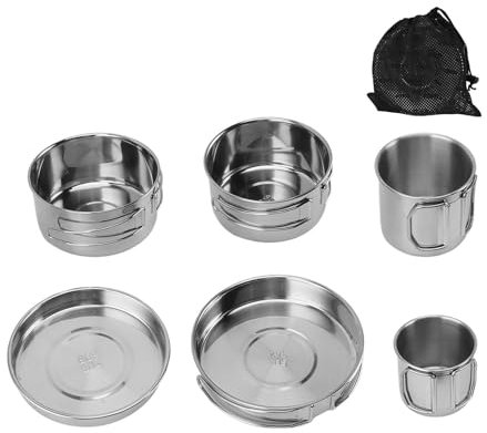 Ylwxzenith 6PCS 304 Stainless Steel Portable Cookware Set for Camping and Outdoor Activities, to, Efficient Heating, Multifunctional Tableware with Folding Pan, Cup and Storage