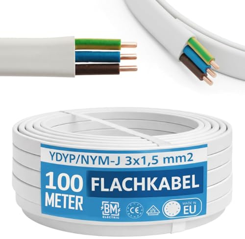 NYM Cavo 3 x 1,5 mm², YDYp, cavo di alimentazione a 3 poli, cavo piatto da 100 m, 10 x 5 mm, passacavo per finestre, per ambienti umidi, conduttore in rame massiccio, 300/500 V
