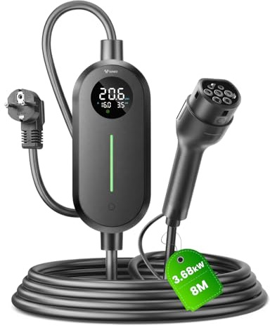 Typ 2 Ladekabel Schuko 3,68 kW, 6–16A, 8m, IP66 Wasserdicht für EVs & PHEVs | Mobile Wallbox mit 30mA AC + 6mA DC Fehlerstromschutz, Temperaturschutz, LCD & Timer, 6–16A Einstellbar