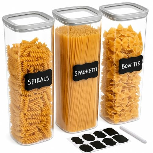 Punorric 3-Piece Pasta Storage Containers - Glass Pasta jars with Lids, Label & Marker Included, Tall Spaghetti Container, Pantry Storage Containers for Grains/Snacks
