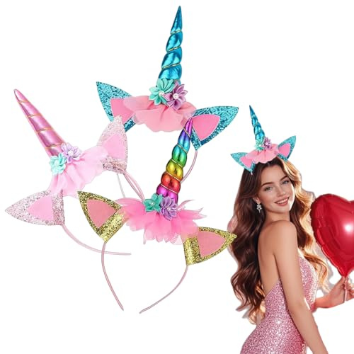 Jiounie Einhorn Stirnband, 3 Stück Einhorn Haarreif, Einhorn Stirnband Horn Haarreif, Unicorn Horn Stirnband mit Ohren und Blumen, für Ostern Geburtstag Party Karneval(Blau, Rosa, Farben)