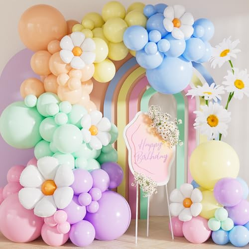 Adeyoo Pastel Balloon Arch Kit Garland with Daisy Foil Balloons for Party | 131Pcs Pastel Balloon Arch with Different Sizes Pastel Latex Balloons for Easter Unicorn Birthday Baby Shower Party Supplies