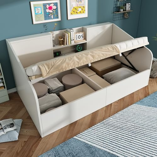 Qsddk Schlafsofa Einzelbett 90x190 cm mit 2 Ablagen, Jugendbett Tagesbett mit USB/Type-C-Ladestation, Hydraulisches Bett mit Stauraum, Bettgestell mit Lattenrost, Ohne Matratze, Weiß