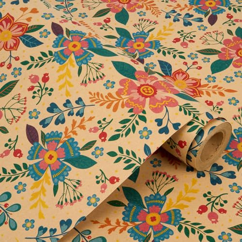 43 cm x 10 m Geschenkpapierrolle mit Blumenmuster – Kraftpapier, recycelbar, ideal für Geburtstags- und Hochzeitsgeschenke