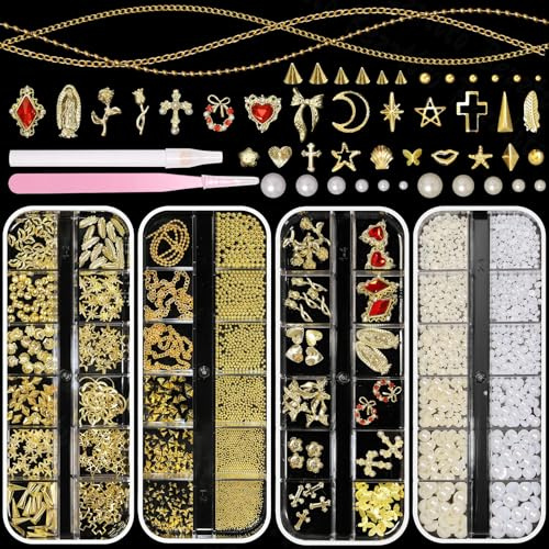VelvetGlow 4 Boxes Gold Caviar and Pearls Nail Beads, Luxurious Alloy Bows Cross Butterfly Heart Nail Charms, Alloy Nail Caviar Chain Spikes Rivet Studs Nail Accessories for DIY Craft Makeup
