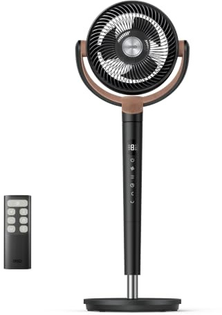 DREO ventilatore a piantana silenzioso 20 dB con oscillazione omnidirezionale 120°+120°, portata del vento fino a 26 m, flusso d’aria 1615 m³/h, altezza regolabile 94–107 cm, 3 modalità e 8 velocità.