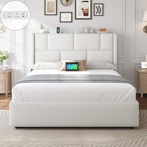 Brinlawb 4ft6 Double Ottoman Bed Frame with Hydraulic Lift-Up Storage, Upholstered Double Bed Frame with Height-Adjustable Headboard & Charging Station, Ample Under-Bed Storage Space, 135x190cm White