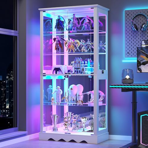 TAGELIER Glasvitrine mit RGB-LED und Verstellbarem Regal | 180cm Höhe, Glastüren Für Figuren, Bücher & Medaillen, Holzrahmen, Weiß