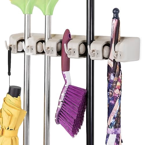 COSTWAY Besenhalterung mit 6 faltbaren Haken und 5 Schnellspannern, Mop Halter, Besenhalter, Gerätehalter, Ordnungsleiste, Geräteleiste für Kleiderschrank, Küche, Garage und Garten (Weiß)