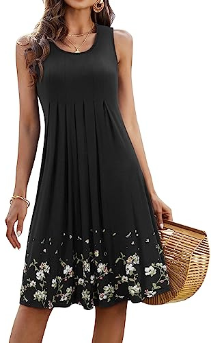 KILIG Sommerkleid Damen Strandkleid Midi Ärmellose Kleid Sommer Leicht Blumenkleid Freizeitkleid (Black,L)