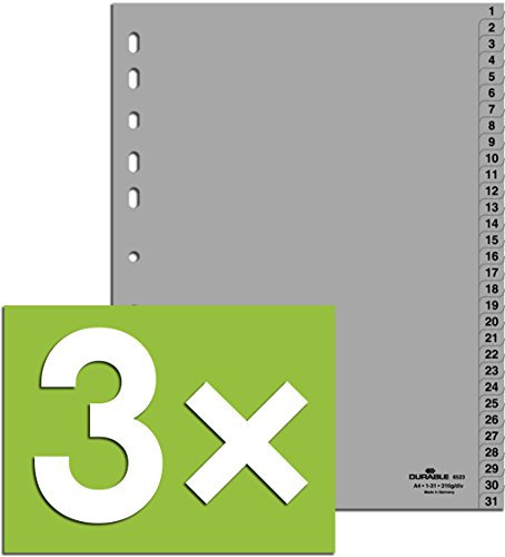 3er Pack Durable Hunke & Jochheim Register 1-31, (PP, DIN A4, 215/230 x 297 mm) 31 Blatt grau (3, Register 1-31)