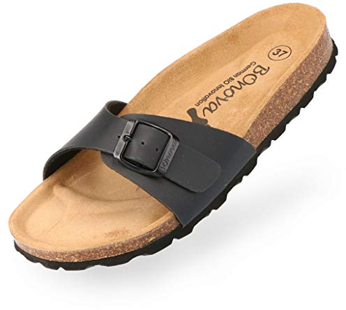BOnova Damen Pantoletten Teneriffa in Bonoflor schwarz 42, modischer Einriemer mit Korkfußbett - komfortable Sandalen zum Wohlfühlen - hergestellt in der EU