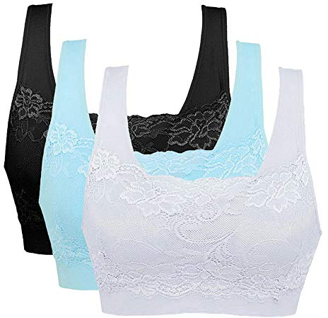 Vertvie Womens Strech Ohne Buegel Push up Yoga Sports BH Bra Top Set Fuer Fitnesstraining Polsterung 3er Pack (EU L/Tag XL, Schwarz + Weiß + Blau)