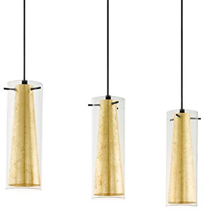 EGLO Hängelampe Pinto Gold, 3-flammige Pendelleuchte, Esszimmerlampe aus Metall in Schwarz und Glas in Transparent und Gold, E27 Fassung