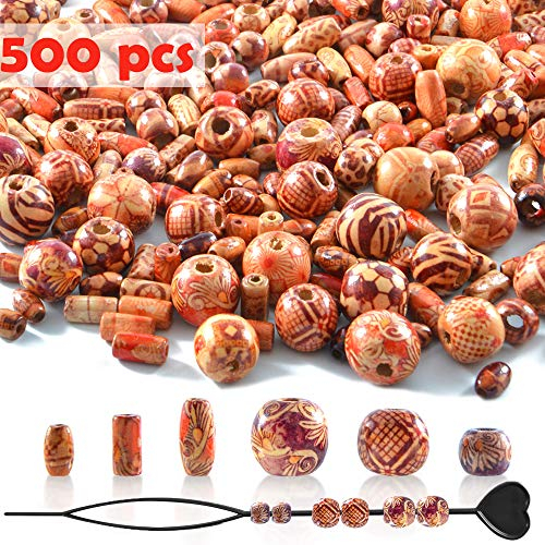500 Stück Holzperlen mit 6 Größen, Gemischte Muster & Verschiednene Form Holz Perlen Kugeln für basteln auffädeln DIY Schmuck Handwerk