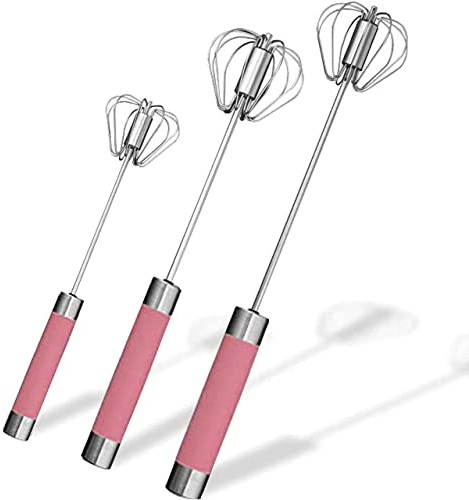 Halbautomatischer Schneebesen aus Edelstahl, 3 Stück, rotierender Schneebesen (Pink)