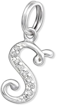 Bungsa Buchstabe S Halsketten-Anhänger Buchstaben 925 Sterling Silber mit Kristallen - Kleiner Buchstabe S Charm für Bettel-Armband - für Damen, Kinder & Herren - Silberner Letter S