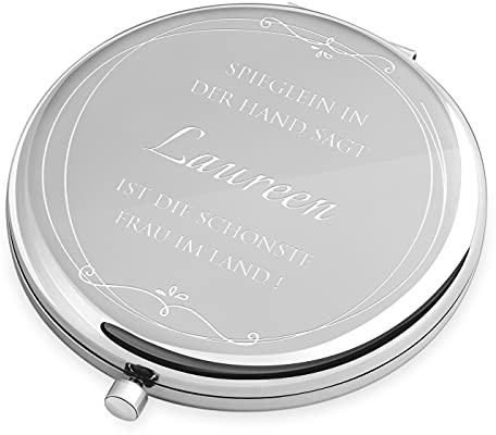 Maverton Kompaktspiegel mit Gravur - Spiegel rund - Doppelspiegel mit Vergrößerung - Reisespiegel für Handtaschen - Geschenke für Frauen - Silber