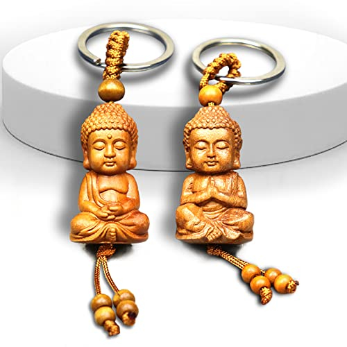 behone Buddha Schlüsselanhänger 2 Stücke Kleiner Buddha Schlüsselanhänger aus Holz Buddha Deko Buddha Anhänger Schlüsselanhänger Buddha Figur Klein Glücksbringer DIY Autozubehör Glücksbringer Geschenk