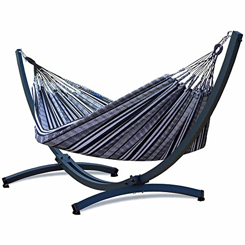 Potenza Outdoor Hängematte mit Gestell für 2 Personen I 100% Baumwolle Pereira Doppelhängematte 230x160 cm, 200kg I Tytan Hängemattengestell 350kg, wetterfest (Zebra, Basic Gestell Graphit)