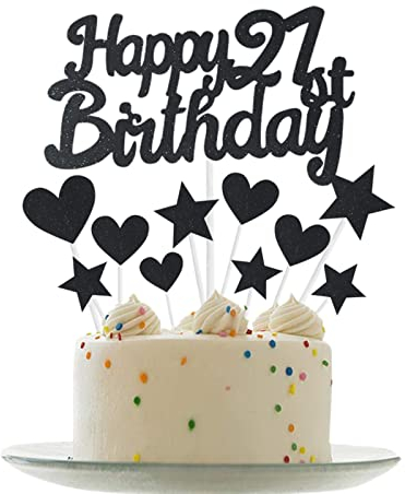 Personalised Happy 21th Birthday Cake Toppers Black Cake Decorations for Girl,Boy,Her,Him 21th Birthday Cake Cupcake Topper, Glitter Cakes Banner Decoration for 21 Birthday Anniversary Party Supplies
