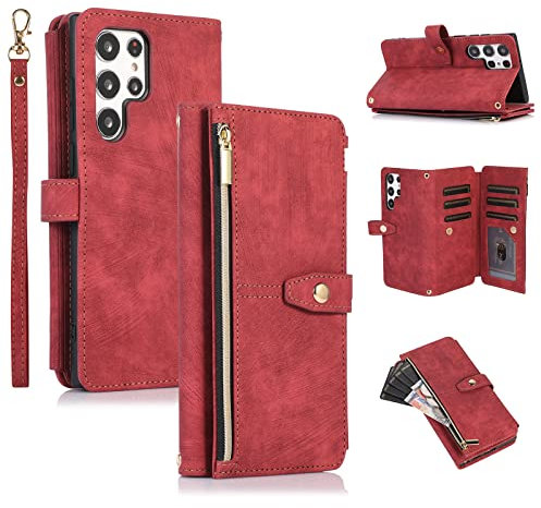 UEEBAI Hülle für Samsung Galaxy S22 Ultra 5G, 9 Kartenfäche Retro Leder Geldbörse Stoßfest Flip Case mit Handschlaufe Standfunktion Reißverschluss Handyhülle Magnetverschluss Wallet– Retro Rotwein