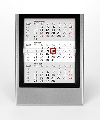 HiCuCo 3-Monats-Tischkalender für 2025 + 2026 + 2027 - Aufstellkalender - mit aufklappbarem Frontrahmen - TypW2 (Silber/Schwarz)