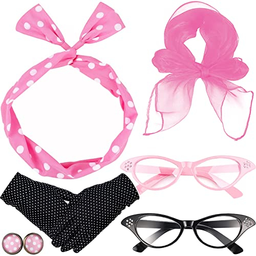 HEAWAA 50er Jahre Kostüm Accessoires, 6 Stück 60er Jahre Damen Zubehör Set mit Chiffon Schal Polka Dot Kopftuch Handschuhe Cat Eye Brille und Ohrringe für Vintage Party Karneval