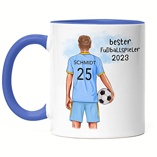 Kiddle-Design Fussball Tasse Blau Personalisiert mit Namen Fußball Becher Personalisiert Fanartikel Männer Jungs Jungen Mann Fussballtasse Fußballfan