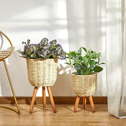 Paco Home Blumentopf Übertopf Natur Rattan Set mit Folieneinsatz Pflanzentopf Auslaufsicher Groß für Zimmerpflanzen, Farbe:Creme, Sets:2pcs Set/Design 3