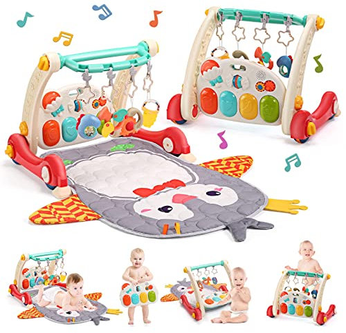 Cute Stone Baby Gym Play Mat & Learning Walker - Activity Center With Piano, Lights, and Music for Infant and Toddler Tummy Time