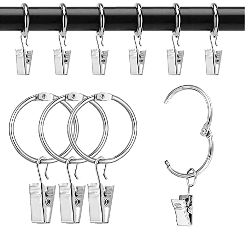 50 Stück Gardinenringe, 32 mm Inner Diameter Vorhanghaken, Gardinenringe mit Clips, Metall Vorhangringe Vorhang Clip Hängende Ringe für Vorhänge und Stäbe (Silber)