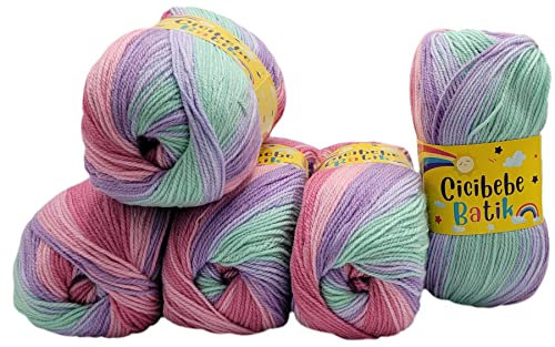 5 x 100 g Strickgarn Cicibebe Batik mehrfarbig mit Farbverlauf, 500 Gramm Strickwolle bunt, Farbverlaufsgarn (rosa flieder mint 550-55)