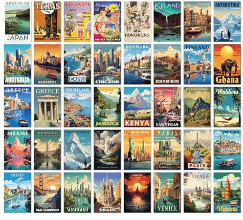 97 Decor Vintage-Reise-Poster-Collage-Set, 40 Stück, 10 x 15 cm | 40 Mini-Poster à 10 x 15 cm, Karton, Weltziel und Geographie-Kunst, Klassenzimmer, Schlafsaal, Schlafzimmer