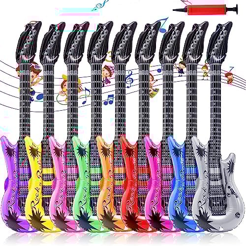 12 Stück Aufblasbare Gitarre in 12 Farben - Luftgitarre Zum Aufblasen Mit Pumpe für Rock Party Deko Props