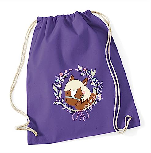 minimutz Turnbeutel Pferd für Mädchen | Stoffbeutel Baumwolle mit Blumenkranz | Sportbeutel zum Zuziehen mit Kordel 37cm x 46cm (lila)
