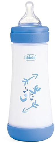 Chicco Perfect 5 Biberones Anticólicos con Tetina de Silicona de Flujo Rápido para Bebés 4 Meses, Biofuncional con Sistema Intuiflow, Color Azul, 300 ml