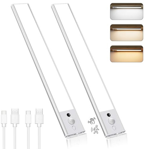 Electight 120LED Under Cabinet Cupboard Lights 2 Pack, Dual Sensor Motion Sensor Lights Indoor, 3 Color &Stepless Dimming, USB-C Rechargeable, for Wardrobe,Closets,Shed, Drawer,Stair,Kitchen-30CM
