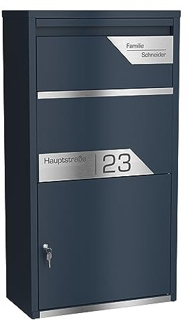Graviers Design Paketbriefkasten personalisiert freistehend - pulverbeschichteter Stahl mit Edelstahl Namensschild Gravur - Briefkasten Rückholsperre Postbox für Pakete Briefe Paketbox Design 8