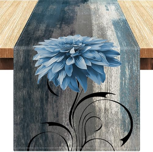 Tischläufer Moderne Boho Marine Blau und Grau Blume Tischdecke Abstrakte Kunstmalerei Blumen Tischläufer Leinen für Weihnachten Feiertage Küche Bankett Esszimmer 40x140cm Herbst