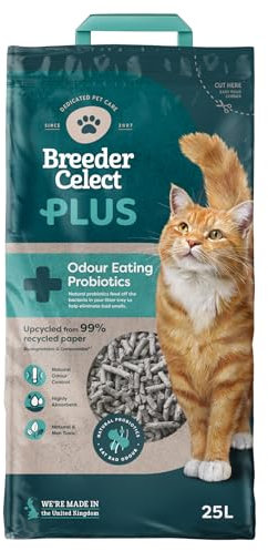 Breeder Celect Plus All-Natural Cat Litter with Odour-Eating Probiotics (25L) – 99% Recycled Paper, Highly Absorbent Litter/Bedding, Soft & Safe for Kittens, Non-Clumping, Biodegradable & Compostable