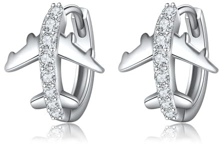 Flugzeug Ohrringe Silber 925 Airplane Creolen Kleine Flugzeug Schmuck Geschenke für Flugbegleiter Damen