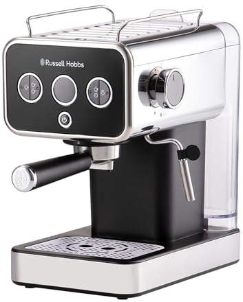 Russell Hobbs Distinctions Espresso Coffee Machine, 15 Bar Pump Pressure + Milk Frother Steam Wand, Latte & Cappuccino, Detachable Water Tank, ESE pods, Cup warmer, Black, S/Steel, 1350W, 26450